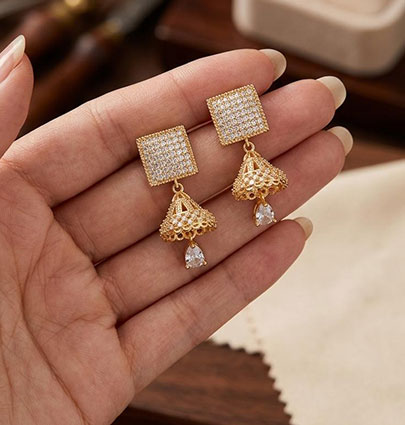 Zircon Jhumki Square Golden - Image 2