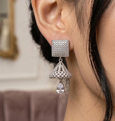 Zircon Jhumki Square Silver - Image 2
